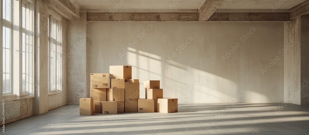 Poster empty moving boxes stacked in a spacious unfurnished apartment perfect for relocation and home stagi