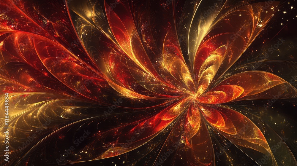 Poster golden and red abstract fireworks exploding in a swirling, dynamic pattern on a dark, festive backgr
