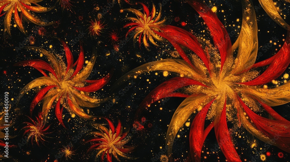 Poster golden and red abstract fireworks exploding in a swirling, dynamic pattern on a dark, festive backgr