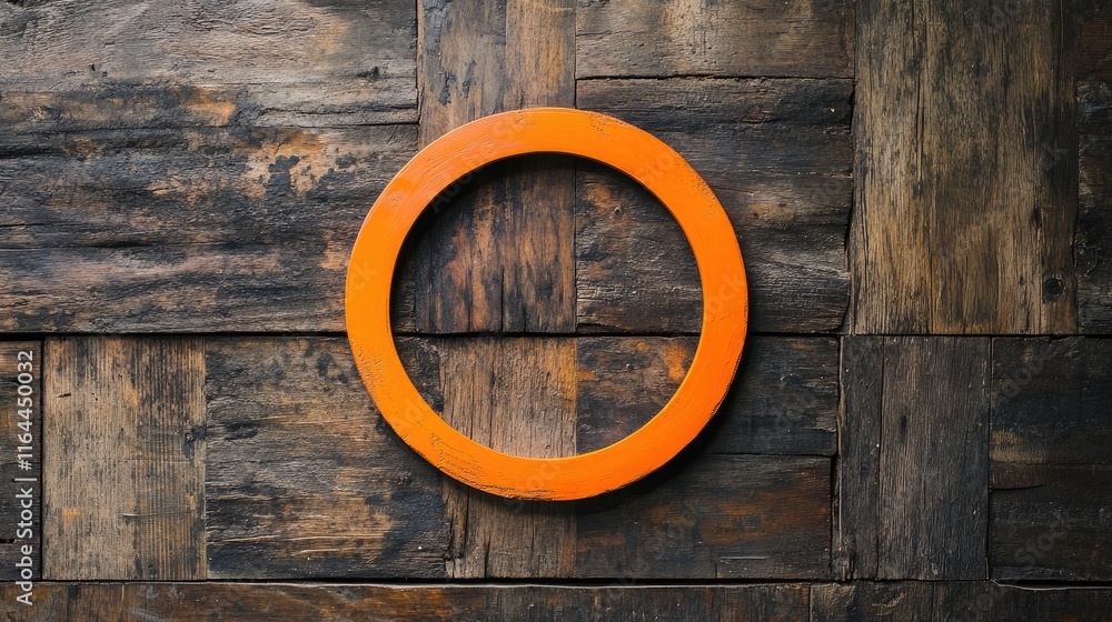 Poster orange circular object on rustic wooden surface close-up top view showcasing contrasting textures an