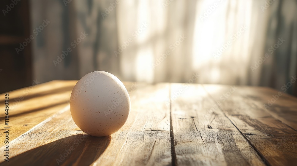 Poster breakfast scene featuring a single boiled egg on a rustic wooden table with soft natural light illum