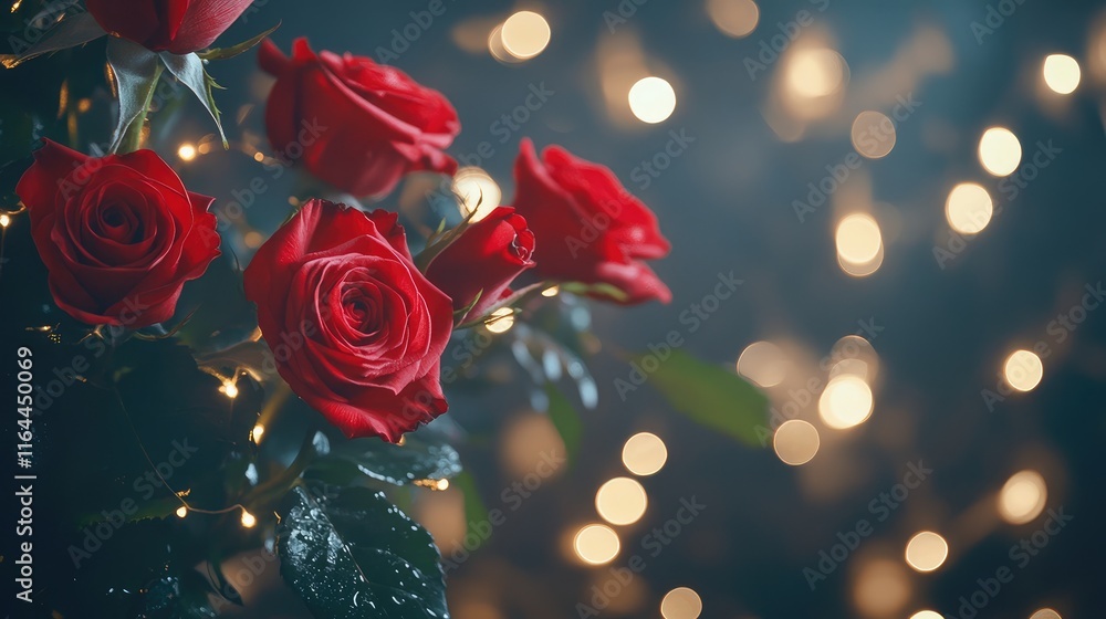 Poster romantic bouquet of red roses with soft bokeh lights on dark background creating an intimate and enc