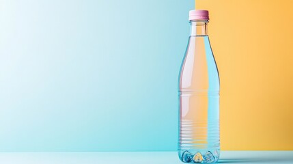 Carbonated water bottle with pink cap on pastel blue and yellow background stylish beverage composition