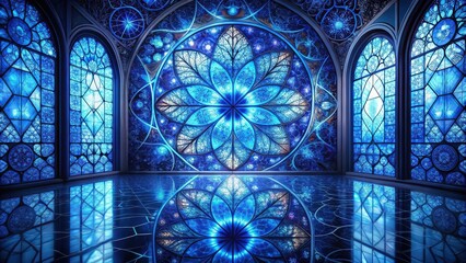 A luminous hall adorned with intricate blue stained-glass windows featuring a radiant floral pattern and a reflective floor.