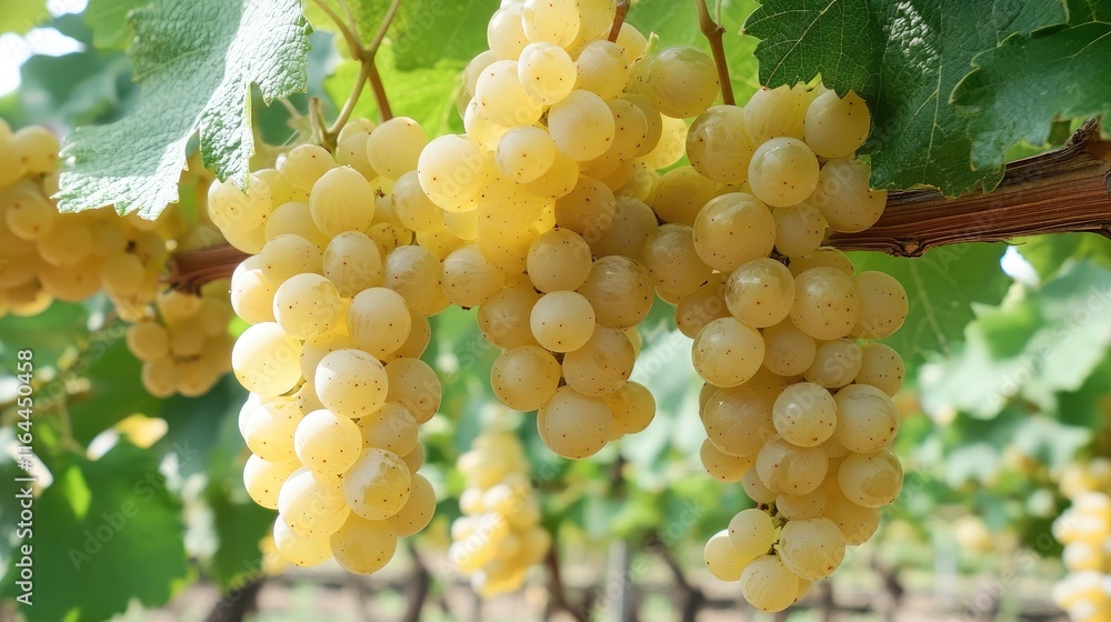 Poster close up view of ripe white grapes on a vine showcasing clusters of fresh grapes in a lush vineyard 