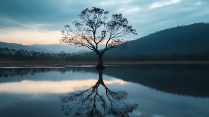 Tranquil lake at dawn with solitary tree reflecting on calm water surface