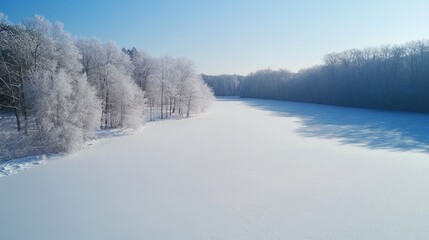 Serene winter landscape showcasing frosty trees and a tranquil frozen lake under a clear blue sky