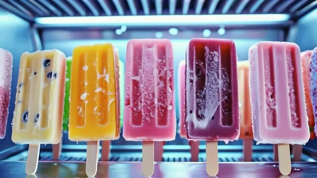 Colorful ice pops in freezer, close-up.