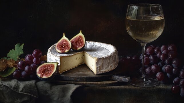 Camembert cheese ripe figs red grapes and a glass of white wine elegantly displayed on a dark background for gourmet food presentation