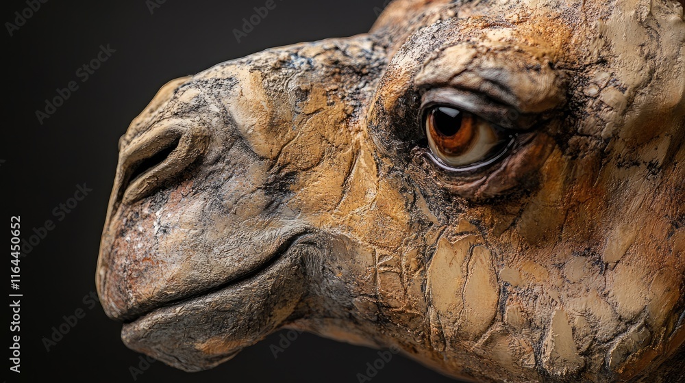 Poster detailed close-up of a camel's face highlighting unique textures and features against a dark backgro