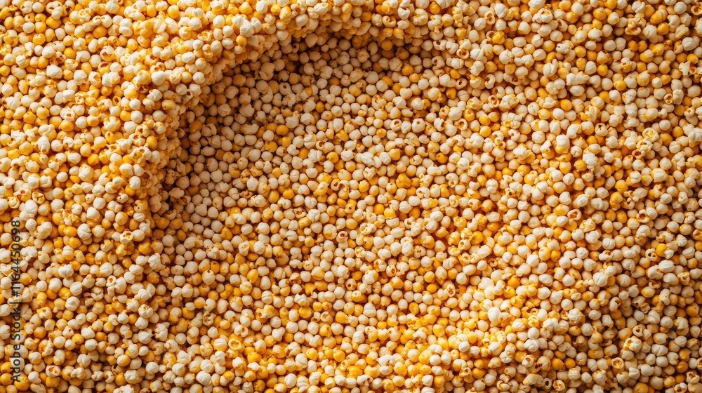 Poster organic popcorn kernels arranged in a circular pattern on a textured background showcasing their nat