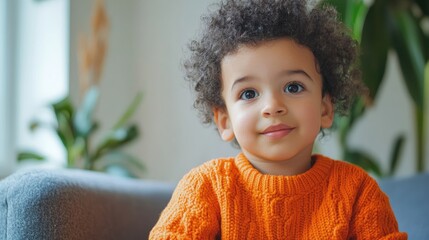 Child in orange knitted jumper with calm expression during telehealth consultation in cozy home environment