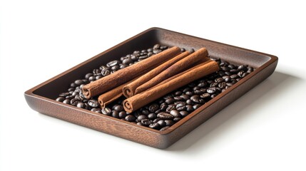 Cinnamon sticks and coffee beans arranged on a wooden tray against a white background showcasing cozy beverage ingredients