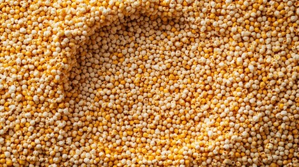 Organic popcorn kernels arranged in a circular pattern on a textured background showcasing their natural colors and textures.