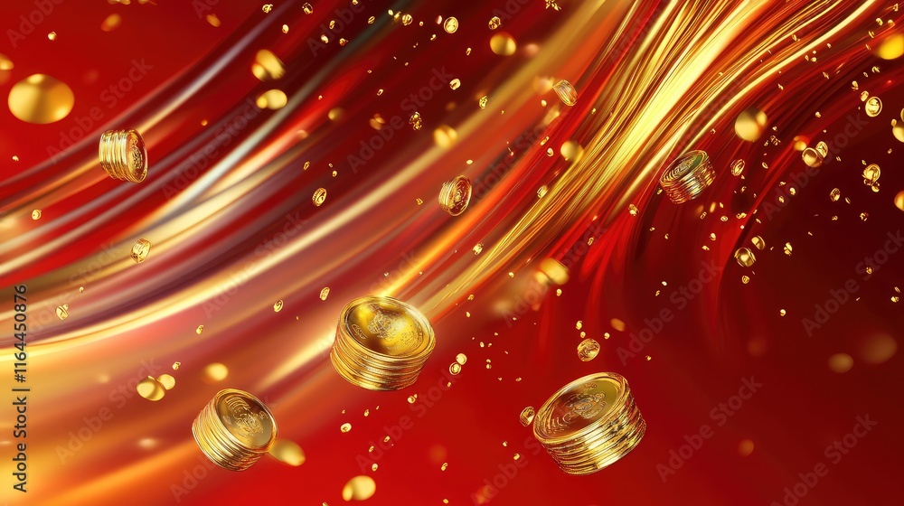 Poster golden ingots and abstract swirls floating over a bold red background, creating a festive theme.