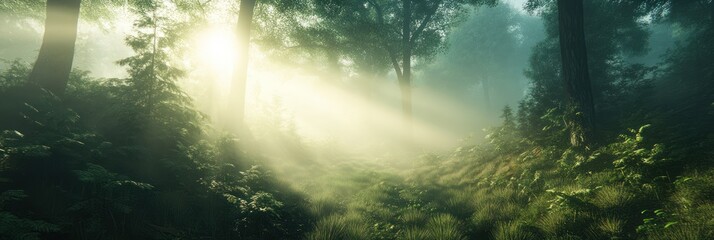 Obraz premium Sunbeams Illuminate A Misty Forest Path
