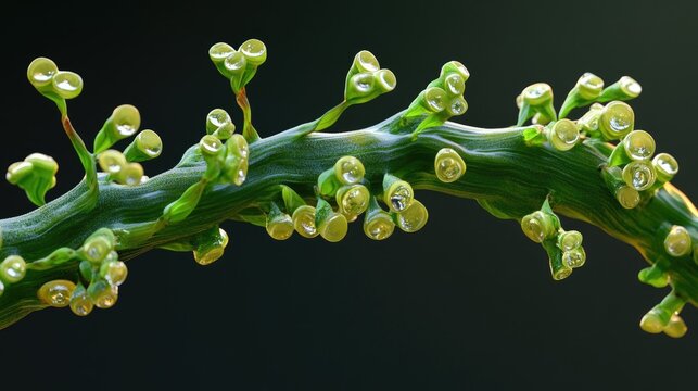 Close up of Cissus quadrangularis vine showcasing unique green structure and dew droplets against a blurred background