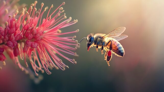 Calliandra flower attracting a bee with vibrant red petals in a soft natural light setting - Powered by Adobe