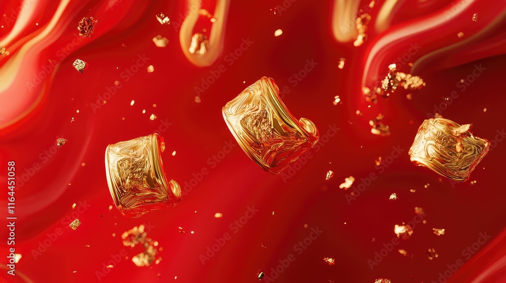 Aufkleber golden ingots and abstract swirls floating over a bold red background, creating a festive theme.