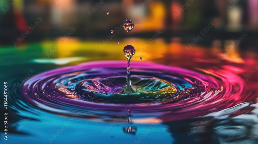 Poster colorful water ripple with vibrant circular patterns created by a single droplet splashing in a refl