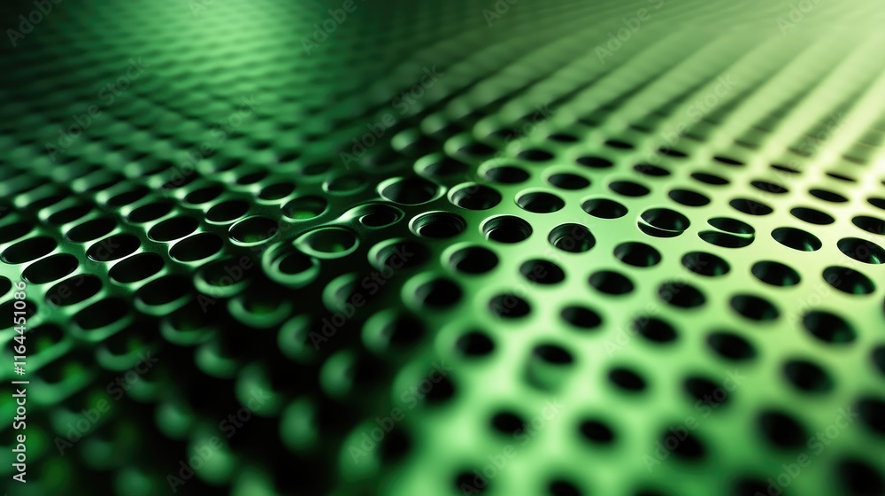 Poster close up of a green metallic texture with circular perforations showcasing depth and light reflectio