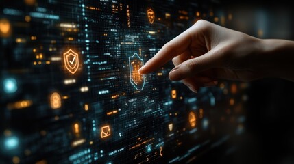 Hand interacting with digital security shield on screen.