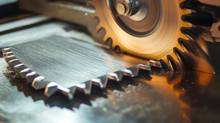 Metal circular saw with crosscut blade slicing through aluminum material on a shiny table in a workshop setting