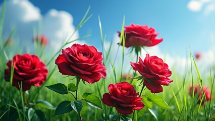 Naklejka premium Magnificent Crimson Roses in Lush Emerald Meadow, Vibrant Blooms Under a Sunny Blue Sky