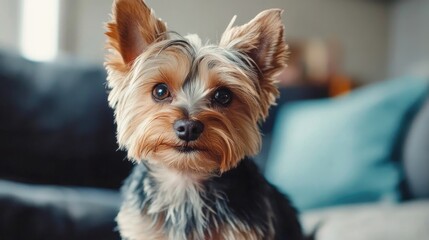 Bowl of nutritious food next to an adorable Yorkshire Terrier sitting indoors in a cozy atmosphere.