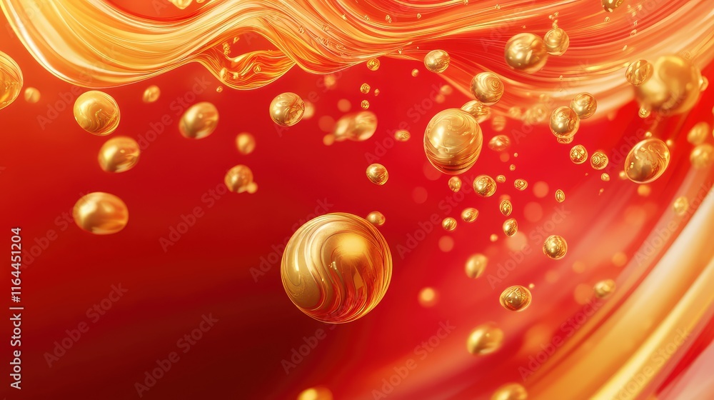 Poster golden ingots and abstract swirls floating over a bold red background, creating a festive theme.