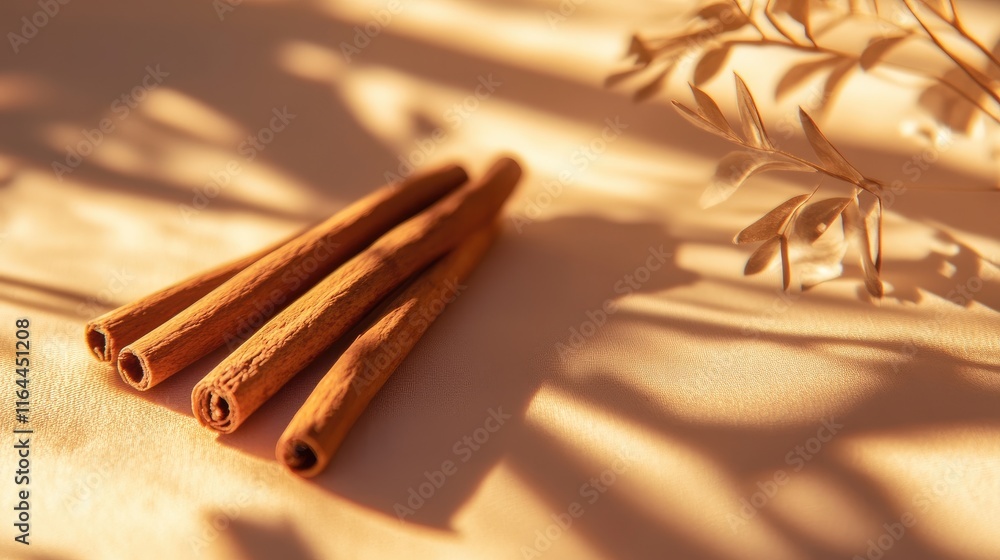 Poster cinnamon sticks arranged artistically on a soft background with delicate shadows and natural element