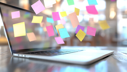 Laptop surrounded by floating sticky notes

