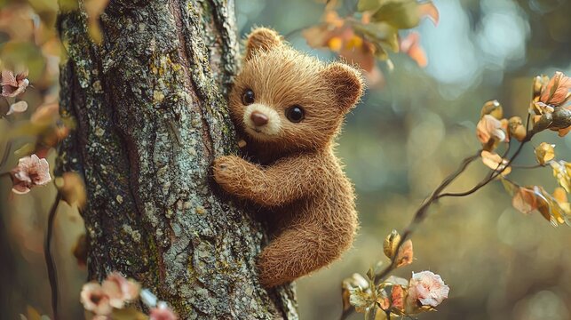 A cute, plush teddy bear with a textured, fuzzy exterior is climbing a rough tree trunk. It has large, expressive eyes and a tiny, smiling mouth, adding to its endearing character. Surrounding the bea