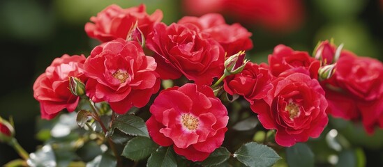 Vibrant red roses in full bloom with delicate petals and lush greenery ideal for floral design and nature-themed projects