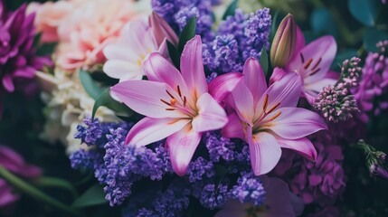 Vibrant Wedding Bouquet Featuring Purple Lilies and Colorful Floral Accents