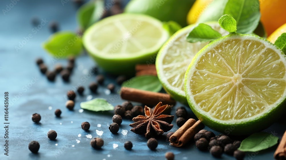 Poster citrus lime slices with spices and fresh herbs on rustic table background