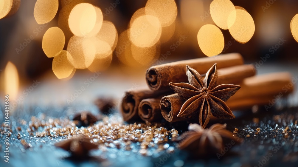 Aufkleber cinnamon sticks and star anise on a rustic surface with blurred warm bokeh background creating a fes
