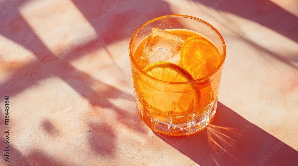 Poster citrus juice with ice in a glass on textured table creating colorful shadows under bright sunlight i