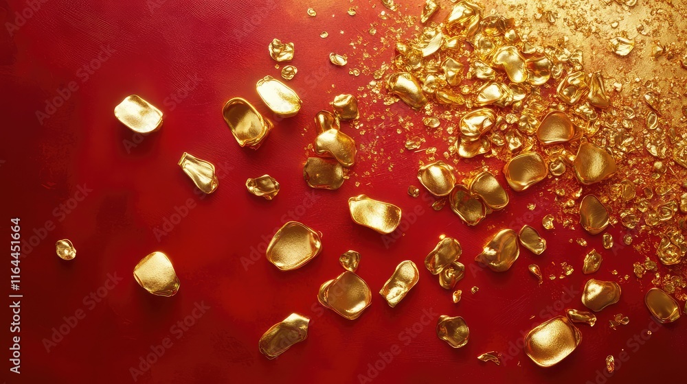 Poster golden ingot-shaped abstract patterns with radiant highlights and dynamic motion, set on a red backg
