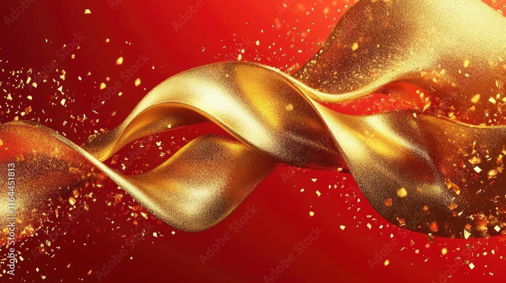 Poster golden ingot-shaped abstract patterns with radiant highlights and dynamic motion, set on a red backg