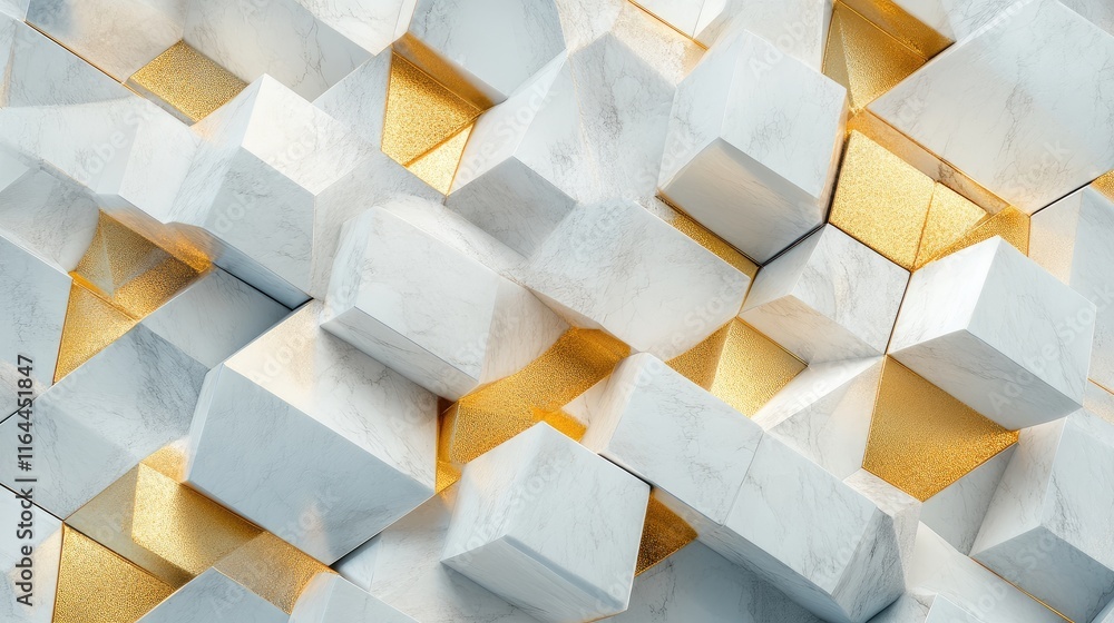 Poster geometric arrangement of white and gold cubes creating a modern 3d surface with a minimalist aesthet