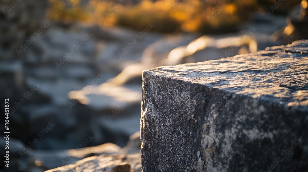 Poster close up view of a textured stone block in a sunlit quarry with blurred background showcasing natura
