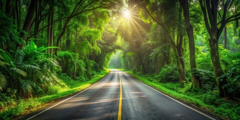 Obraz premium Sunlit Forest Road Journey Serene Asphalt Path Through Lush Greenery