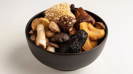 Fototapeta premium Bowl of assorted wild edible mushrooms including shimeji nameko chaga and other varieties on a white background