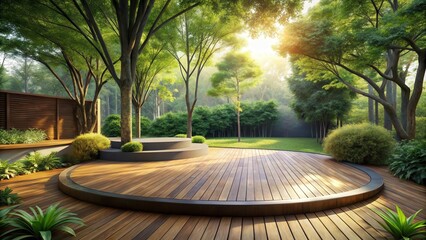Serene Garden Deck with Circular Platform and Lush Greenery