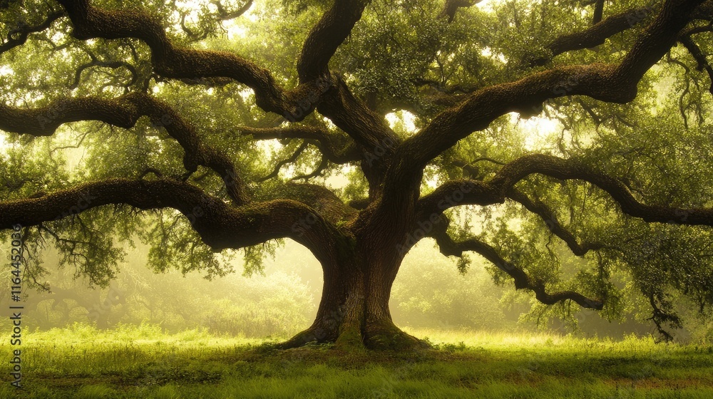 Aufkleber majestic ancient oak tree with intricate bark patterns basking in soft sunlight surrounded by peacef