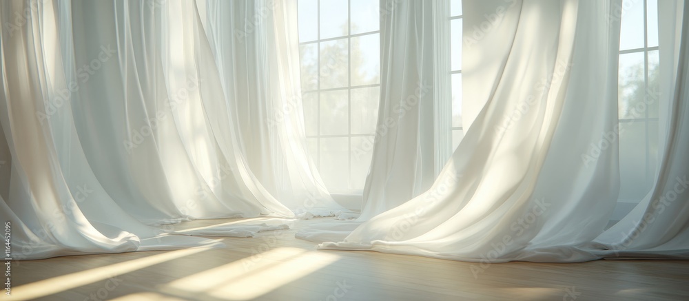 Poster sunlit room with bright white curtains gently flowing by a large window creating a serene and tranqu