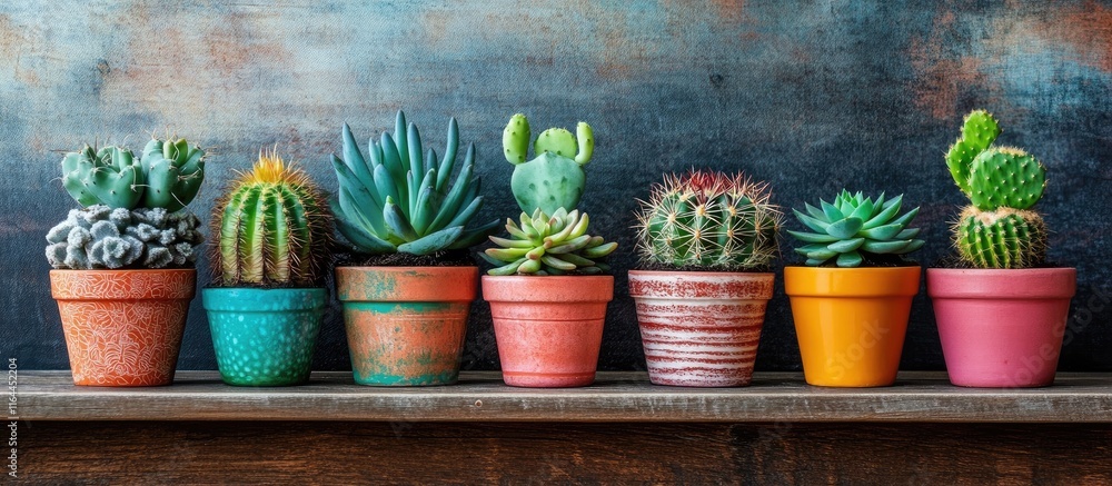 Poster cactus and succulent variety in colorful pots creating a charming rustic home decor setting for natu