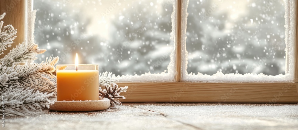 Poster cozy winter scene with a flickering candle next to a frosted window surrounded by soft snow creating