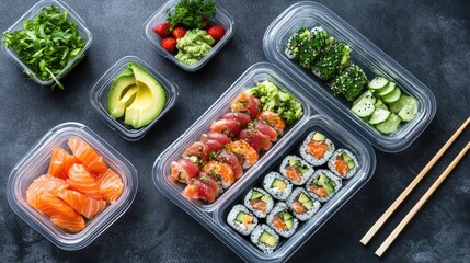 Delicious sushi containers featuring avocado tuna rolls salmon sashimi and fresh salad on a dark slate background with chopsticks